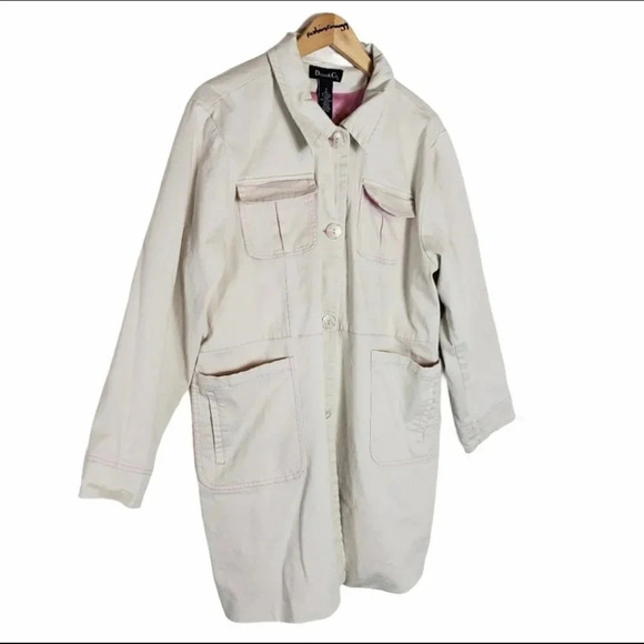 Dona C Lee Beige Pink Trim Button Up Pocketed Knee Length Coat - Picture 2 of 5